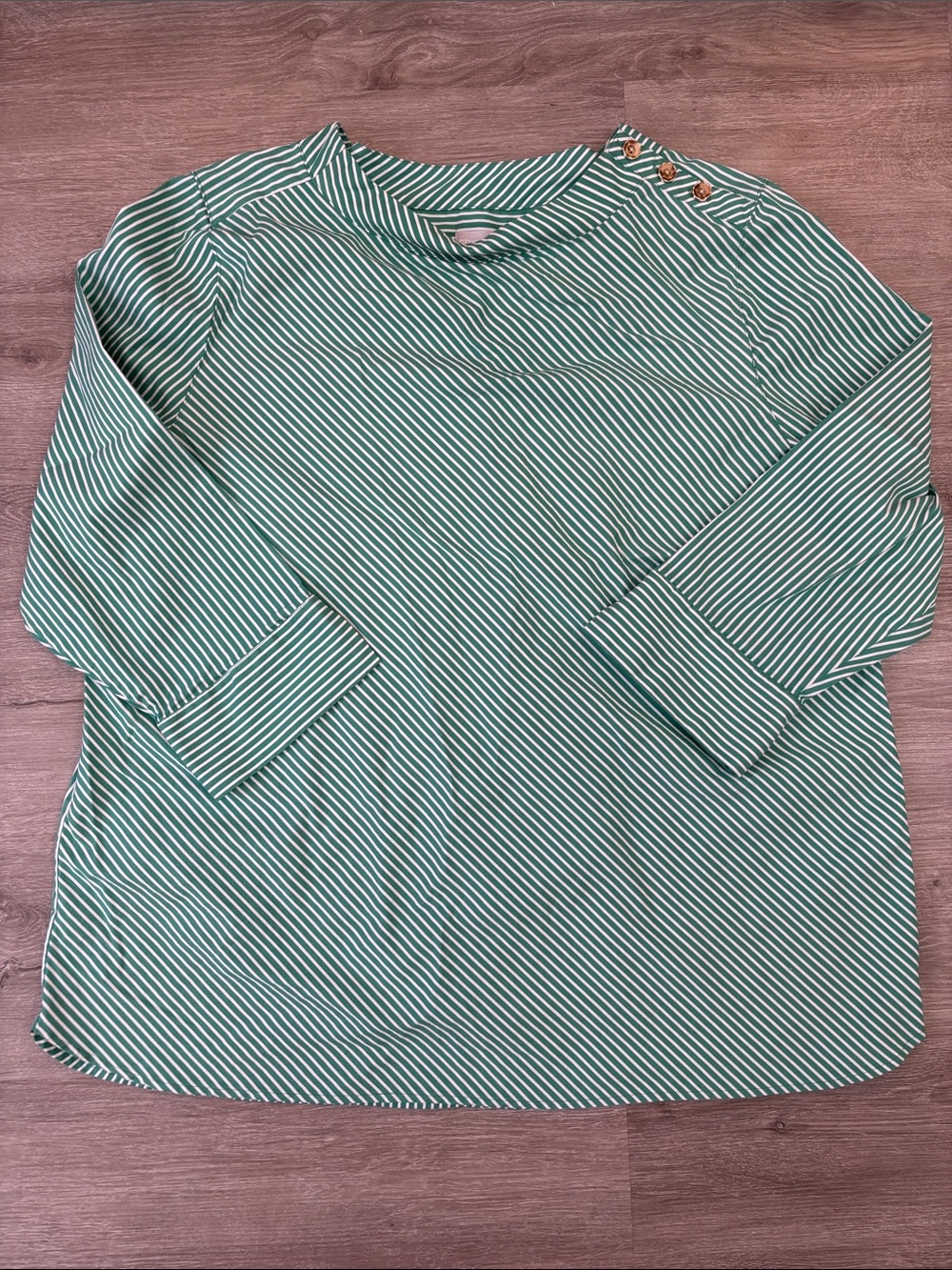 Chico's Green and White Striped blouse with Shoulder Buttons size 4